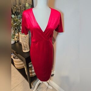 Zara Women’s Trafaluc Red Velvet Wrap Front Midi Dress Size L